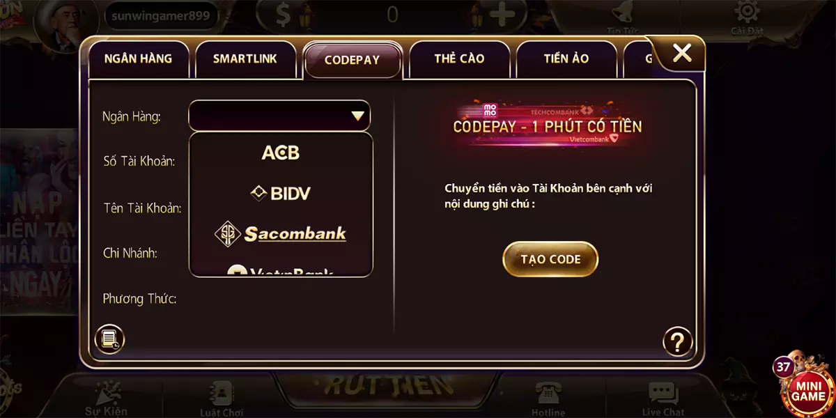 Lựa chọn phương thức thanh toán sunwin mà bạn đang sử dụng